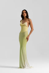 Hallie Gown Citrus by Natalie Rolt, a georgette bias-cut gown with corset bodice and lace-up back. Perfect for formal evening wear.