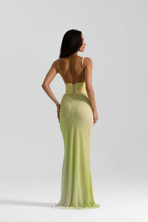 Hallie Gown Citrus by Natalie Rolt, a georgette bias-cut gown with corset bodice and lace-up back. Perfect for formal evening wear.