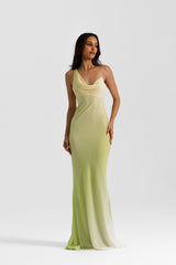 Hallie Gown Citrus by Natalie Rolt, a georgette bias-cut gown with corset bodice and lace-up back. Perfect for formal evening wear.