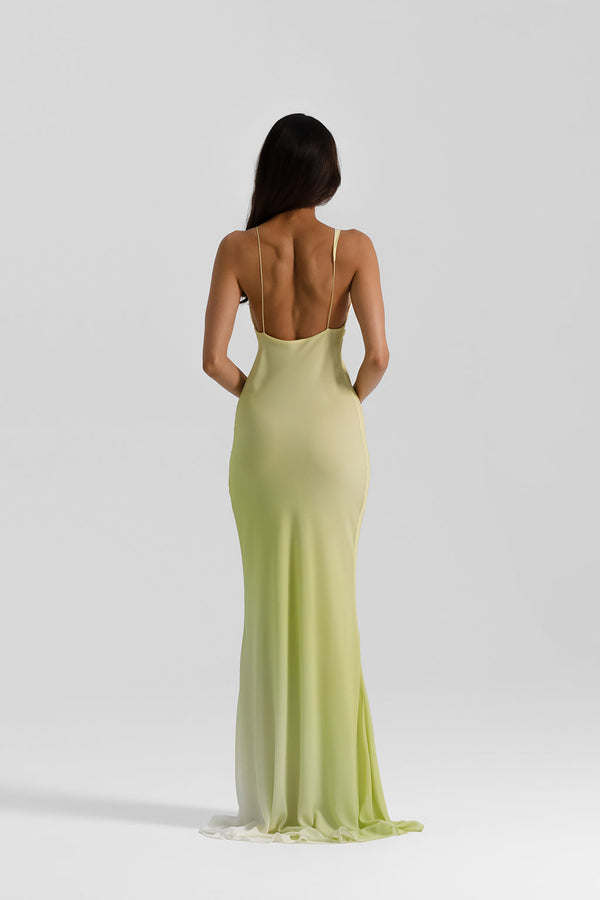 Hallie Gown Citrus by Natalie Rolt, a georgette bias-cut gown with corset bodice and lace-up back. Perfect for formal evening wear.