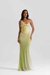 Hallie Gown Citrus by Natalie Rolt, a georgette bias-cut gown with corset bodice and lace-up back. Perfect for formal evening wear.