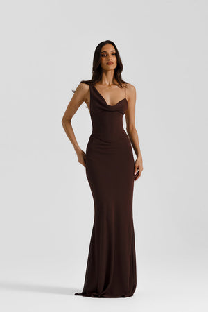 Hallie Gown Espresso by Natalie Rolt, a georgette bias-cut gown with corset bodice and lace-up back. Perfect for formal evening wear.