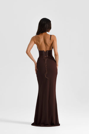 Hallie Gown Espresso by Natalie Rolt, a georgette bias-cut gown with corset bodice and lace-up back. Perfect for formal evening wear.