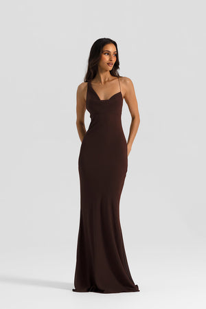 Hallie Gown Espresso by Natalie Rolt, a georgette bias-cut gown with corset bodice and lace-up back. Perfect for formal evening wear.