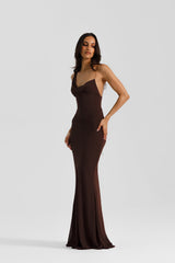 Hallie Gown Espresso by Natalie Rolt, a georgette bias-cut gown with corset bodice and lace-up back. Perfect for formal evening wear.