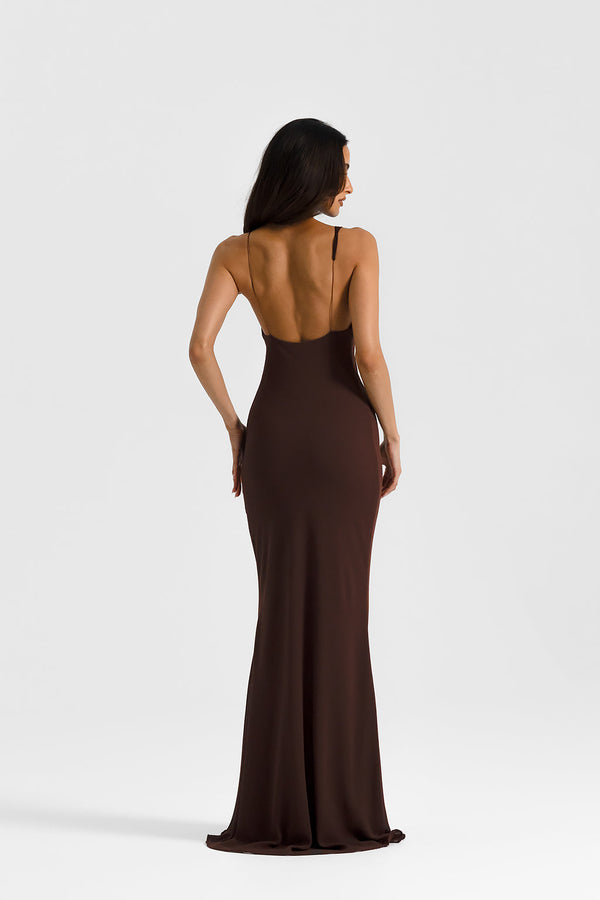 Hallie Gown Espresso by Natalie Rolt, a georgette bias-cut gown with corset bodice and lace-up back. Perfect for formal evening wear.