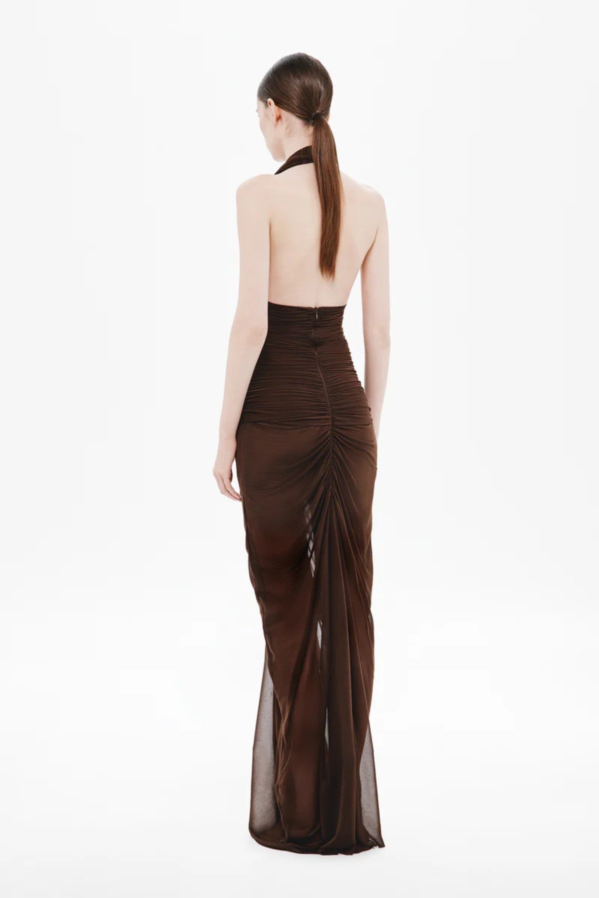 Halsey Braided Dress by MISHA – a chocolate sheer stocking-jersey halter gown with braided ties and soft ruching, perfect for modern evening elegance.