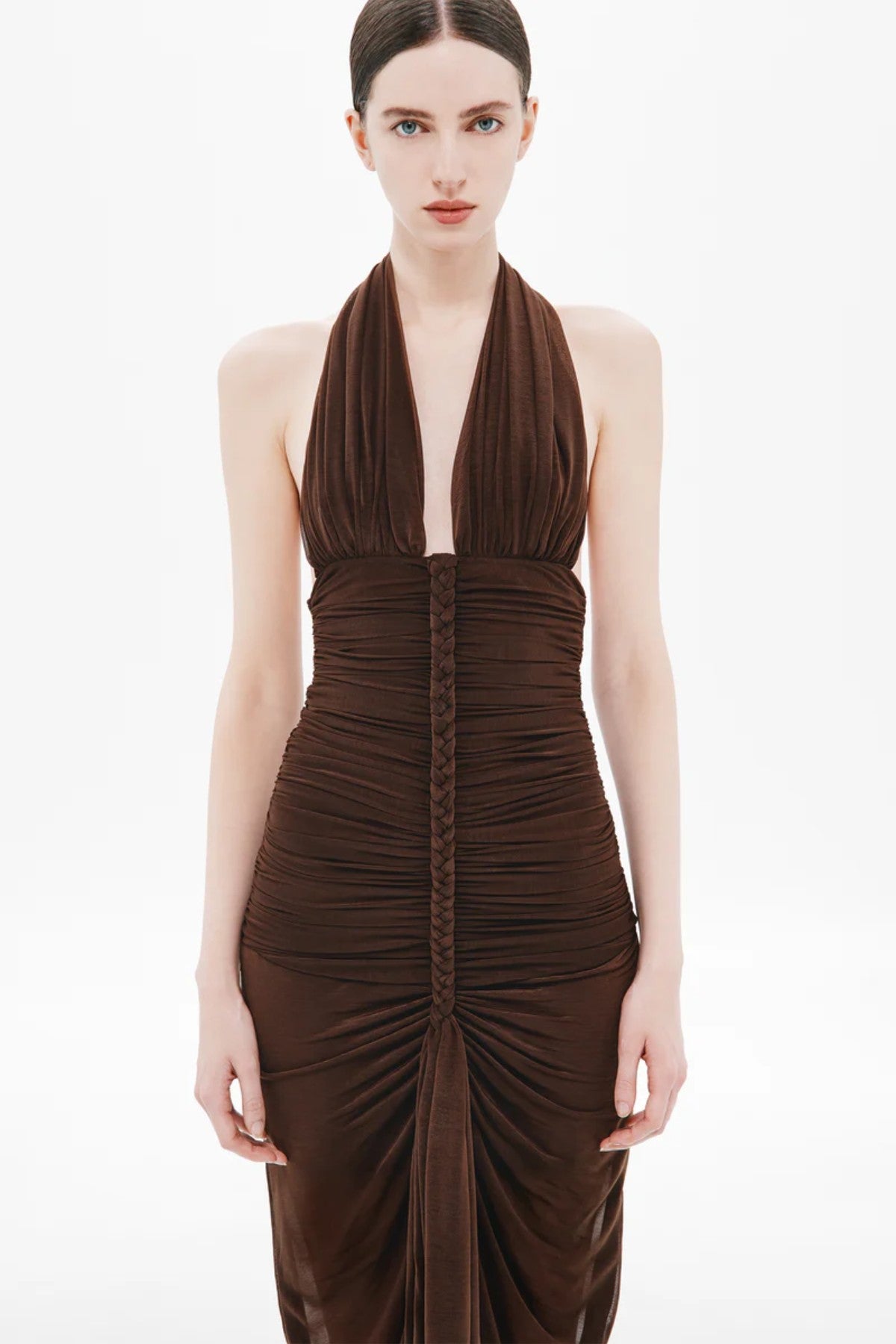 Halsey Braided Dress by MISHA – a chocolate sheer stocking-jersey halter gown with braided ties and soft ruching, perfect for modern evening elegance.