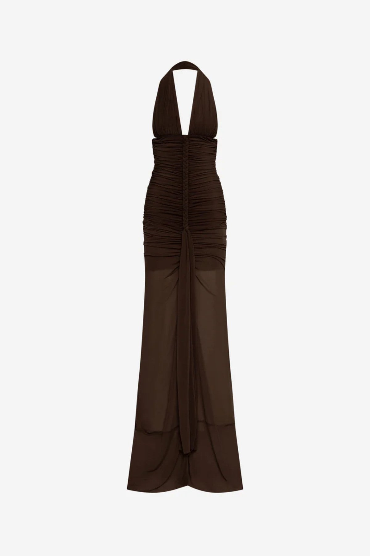 Halsey Braided Dress by MISHA – a chocolate sheer stocking-jersey halter gown with braided ties and soft ruching, perfect for modern evening elegance.