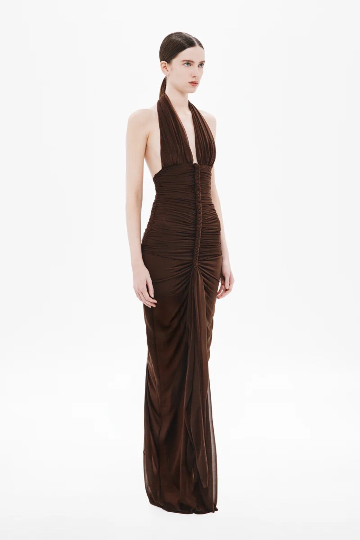 Halsey Braided Dress by MISHA – a chocolate sheer stocking-jersey halter gown with braided ties and soft ruching, perfect for modern evening elegance.
