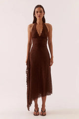 Harper Dress Chocolate by Sovere – halter lace midi dress with plunging neckline and waterfall drape detail.