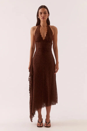 Harper Dress Chocolate by Sovere – halter lace midi dress with plunging neckline and waterfall drape detail.