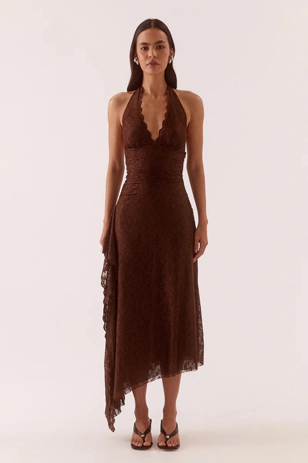 Harper Dress Chocolate by Sovere – halter lace midi dress with plunging neckline and waterfall drape detail.