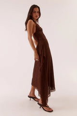 Harper Dress Chocolate by Sovere – halter lace midi dress with plunging neckline and waterfall drape detail.