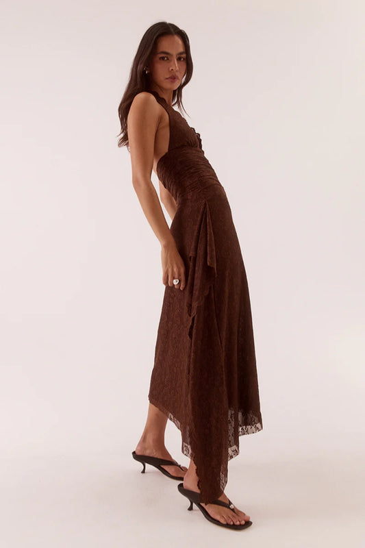 Harper Dress Chocolate by Sovere – halter lace midi dress with plunging neckline and waterfall drape detail.