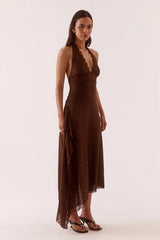 Harper Dress Chocolate by Sovere – halter lace midi dress with plunging neckline and waterfall drape detail.