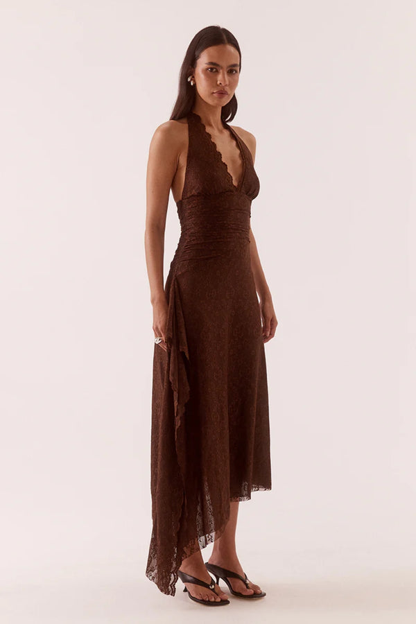 Harper Dress Chocolate by Sovere – halter lace midi dress with plunging neckline and waterfall drape detail.