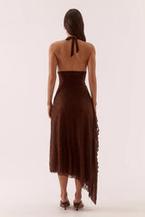 Harper Dress Chocolate by Sovere – halter lace midi dress with plunging neckline and waterfall drape detail.