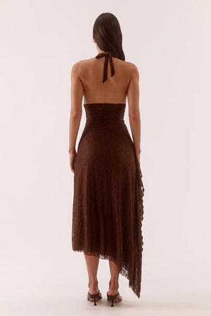 Harper Dress Chocolate by Sovere – halter lace midi dress with plunging neckline and waterfall drape detail.