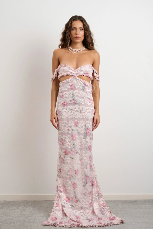 Harper Dress by DŽO – a lace gown with twist bust and cutout detail. Perfect for romantic event styling.