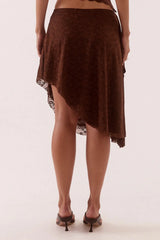 Harper Skirt Chocolate by Sovere – asymmetric lace midi skirt with waterfall drape panel and scalloped hem.