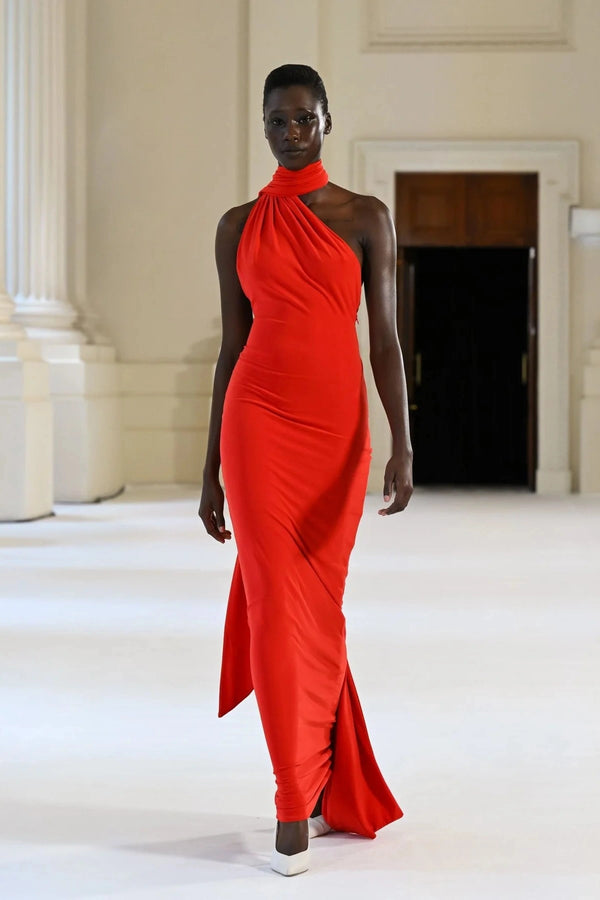 Haven Dress Rio by Effie Kats – a draped halter gown with ruched waist and open back. Perfect for elegant evening occasions.