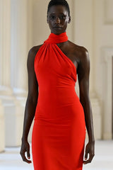 Haven Dress Rio by Effie Kats – a draped halter gown with ruched waist and open back. Perfect for elegant evening occasions.