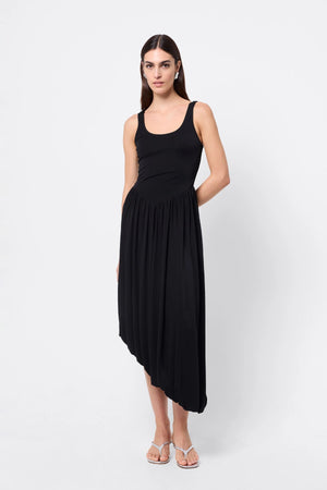 Haven Midi Dress Black by Mossman, a sleeveless sculpted midi with dipped waist and bubble hem. Perfect for day to night wear.