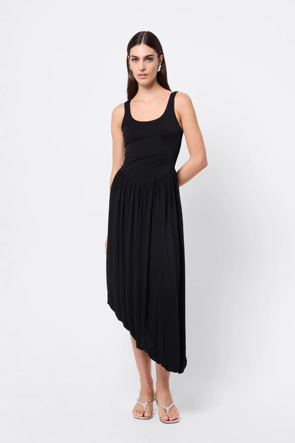 Haven Midi Dress Black by Mossman, a sleeveless sculpted midi with dipped waist and bubble hem. Perfect for day to night wear.