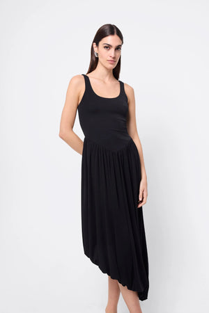 Haven Midi Dress Black by Mossman, a sleeveless sculpted midi with dipped waist and bubble hem. Perfect for day to night wear.