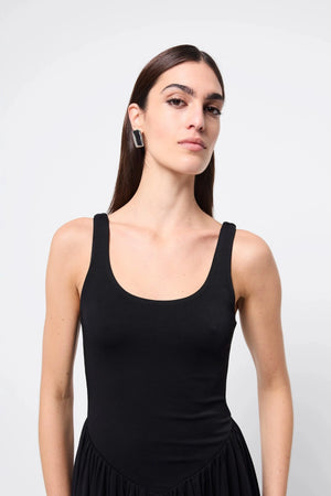 Haven Midi Dress Black by Mossman, a sleeveless sculpted midi with dipped waist and bubble hem. Perfect for day to night wear.