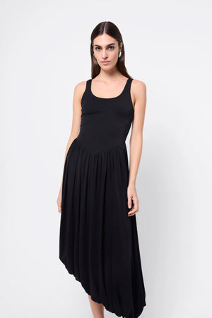Haven Midi Dress Black by Mossman, a sleeveless sculpted midi with dipped waist and bubble hem. Perfect for day to night wear.