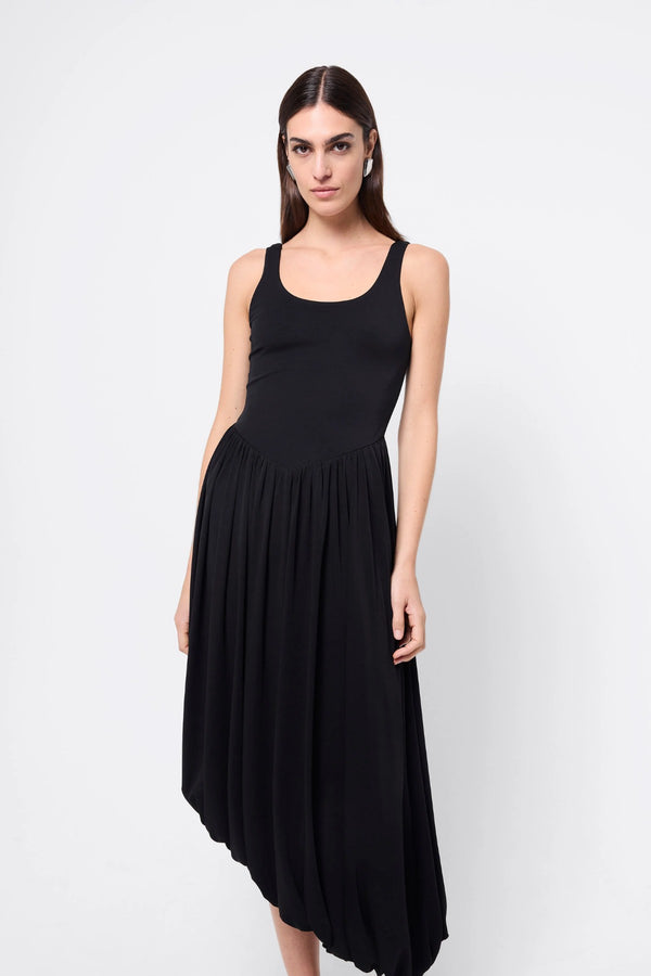 Haven Midi Dress Black by Mossman, a sleeveless sculpted midi with dipped waist and bubble hem. Perfect for day to night wear.