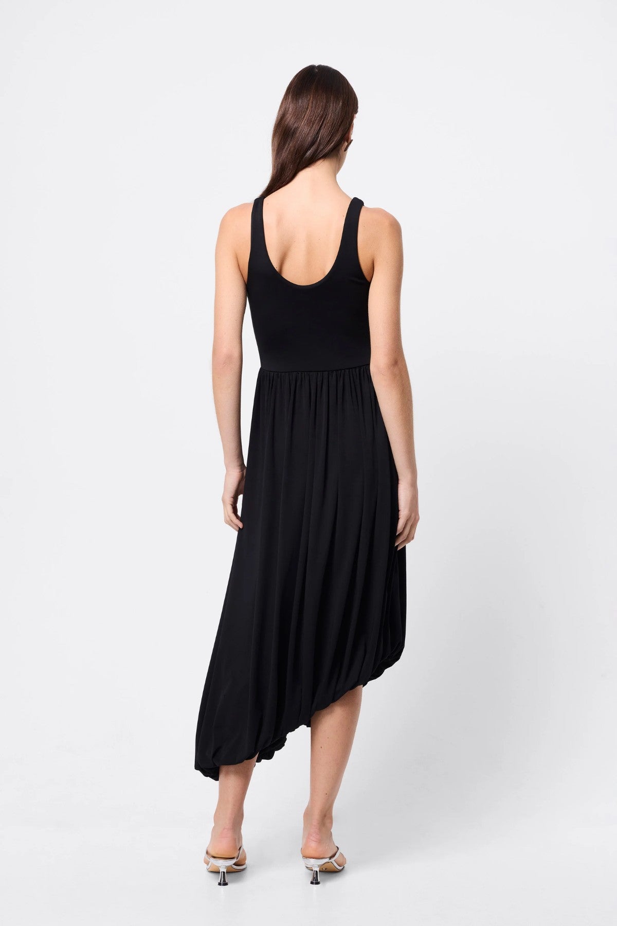 Haven Midi Dress Black by Mossman, a sleeveless sculpted midi with dipped waist and bubble hem. Perfect for day to night wear.