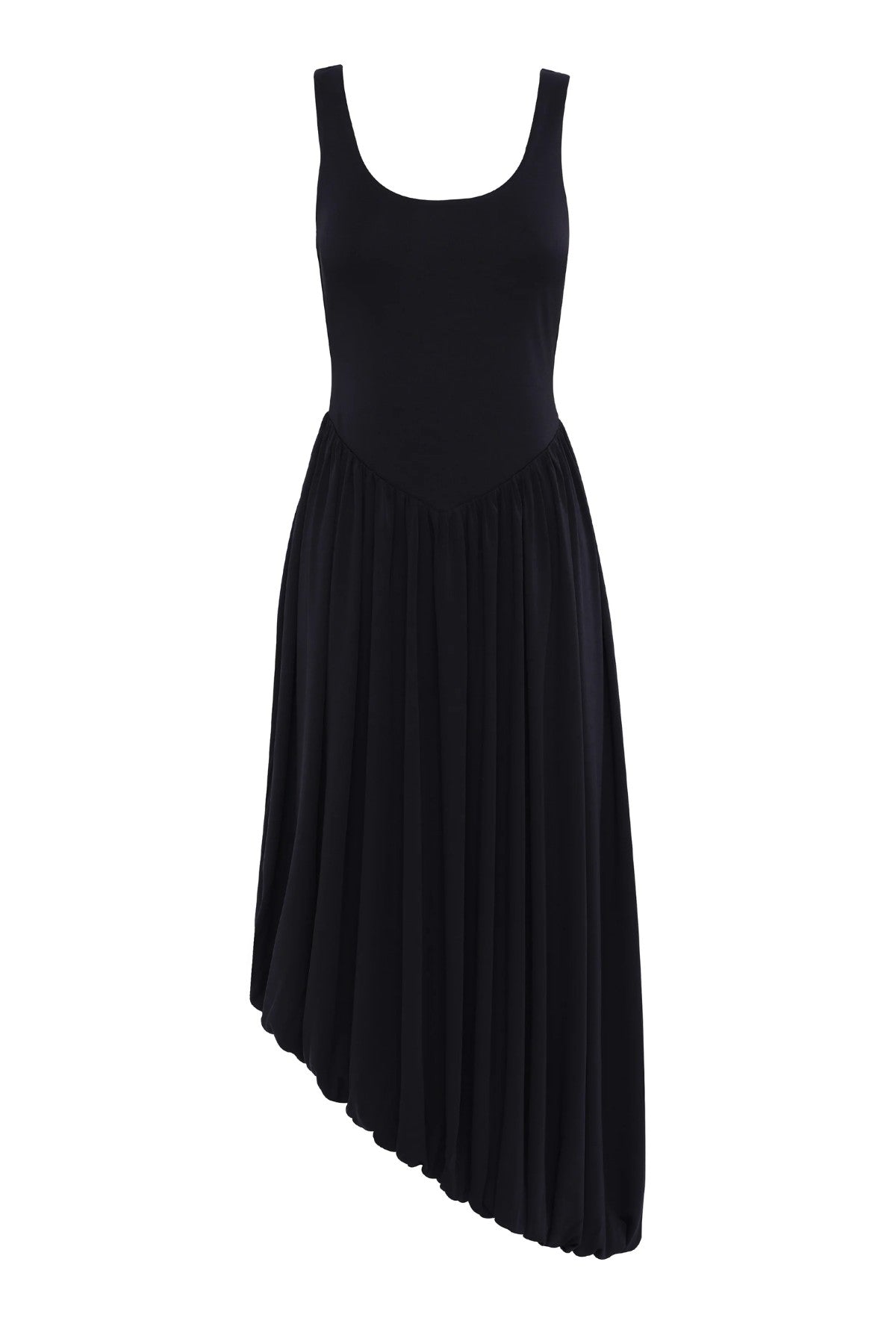 Haven Midi Dress Black by Mossman, a sleeveless sculpted midi with dipped waist and bubble hem. Perfect for day to night wear.