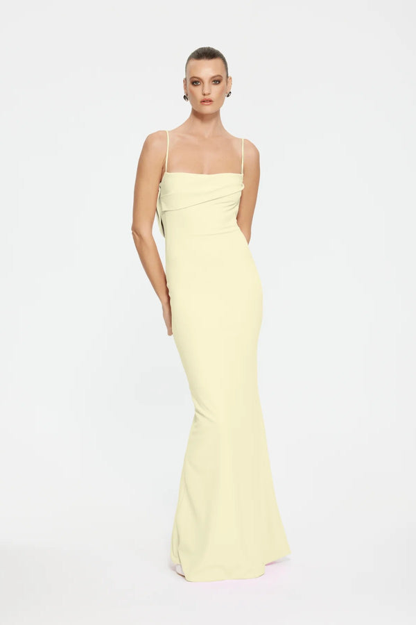 Havilland Gown in Lemon by Effie Kats – sleek crepe gown with low draped back and straight neckline. A perfect look for elegant evenings.