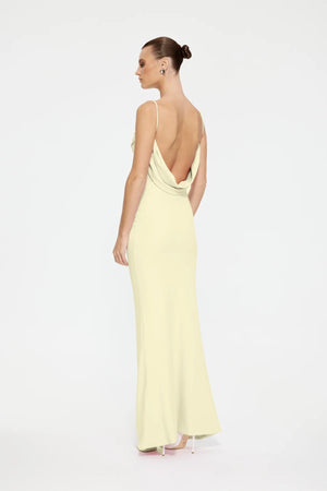 Havilland Gown in Lemon by Effie Kats – sleek crepe gown with low draped back and straight neckline. A perfect look for elegant evenings.