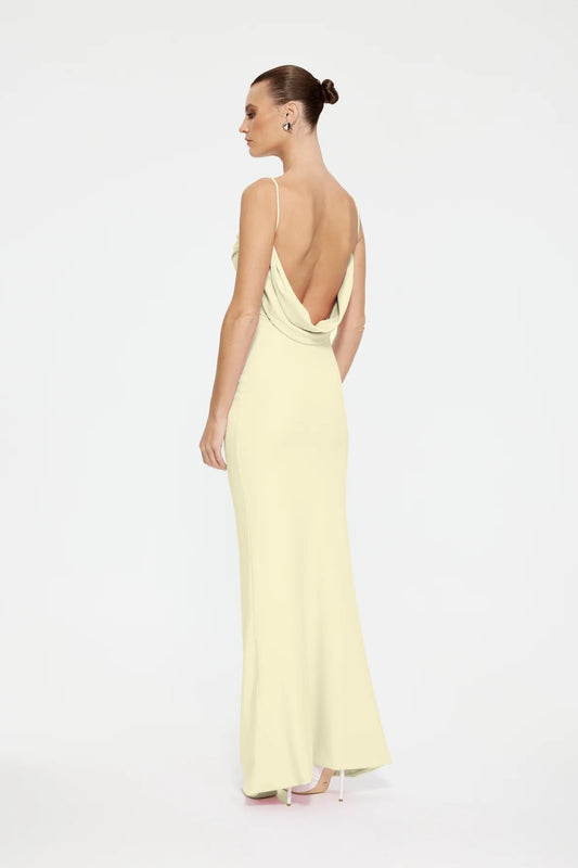 Havilland Gown in Lemon by Effie Kats – sleek crepe gown with low draped back and straight neckline. A perfect look for elegant evenings.
