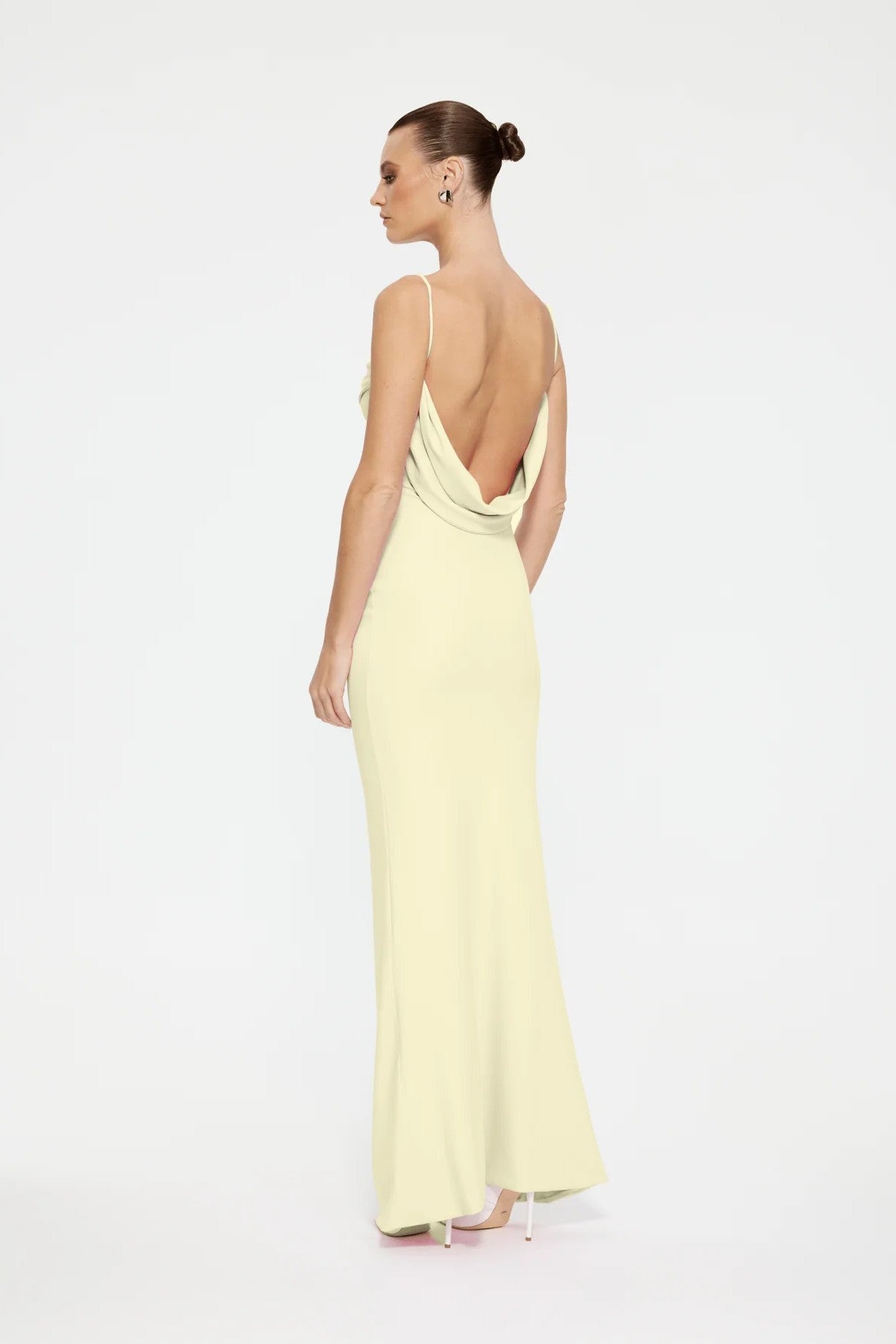 Havilland Gown in Lemon by Effie Kats – sleek crepe gown with low draped back and straight neckline. A perfect look for elegant evenings.