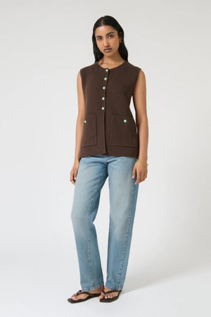Helena Gilet by Onte — a chocolate cotton crochet-style vest with enamel buttons and a relaxed fit, perfect for effortless layered looks.