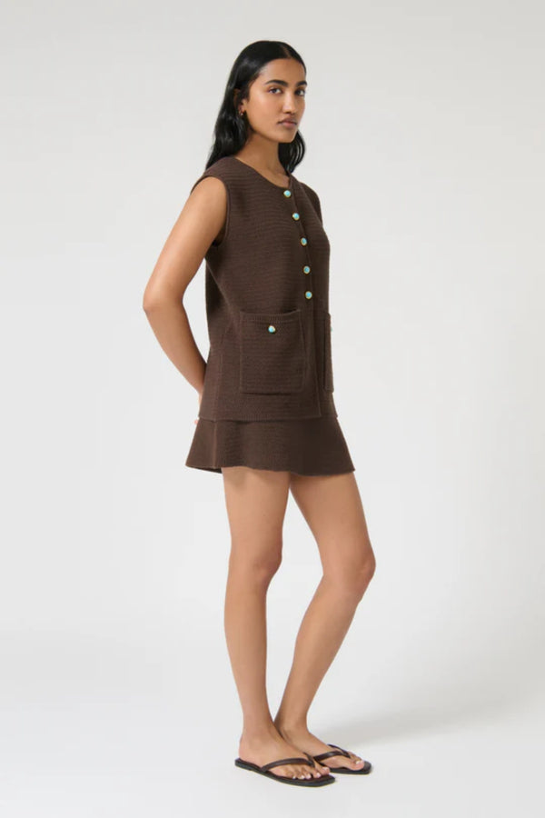 Helena Gilet by Onte — a chocolate cotton crochet-style vest with enamel buttons and a relaxed fit, perfect for effortless layered looks.