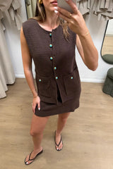 Helena Gilet by Onte — a chocolate cotton crochet-style vest with enamel buttons and a relaxed fit, perfect for effortless layered looks.