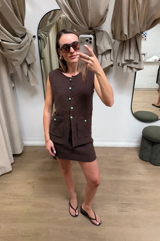 Helena Gilet by Onte — a chocolate cotton crochet-style vest with enamel buttons and a relaxed fit, perfect for effortless layered looks.