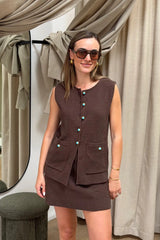Helena Gilet by Onte — a chocolate cotton crochet-style vest with enamel buttons and a relaxed fit, perfect for effortless layered looks.