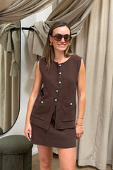 Helena Gilet by Onte — a chocolate cotton crochet-style vest with enamel buttons and a relaxed fit, perfect for effortless layered looks.