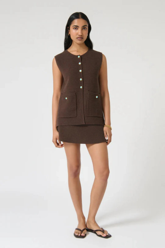 Helena Skirt – Chocolate by Onte, a crochet-knit mini with stretch waist. Perfect for styling with the matching Helena Gilet.