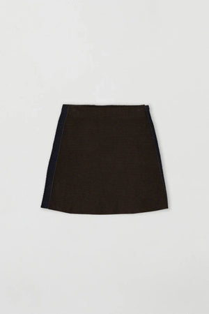 Helena Skirt – Chocolate by Onte, a crochet-knit mini with stretch waist. Perfect for styling with the matching Helena Gilet.