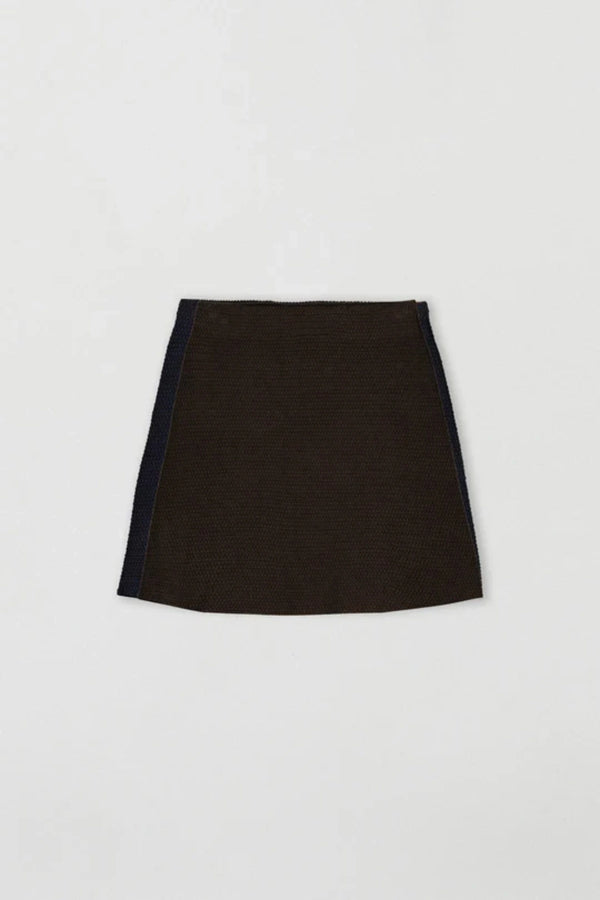 Helena Skirt – Chocolate by Onte, a crochet-knit mini with stretch waist. Perfect for styling with the matching Helena Gilet.