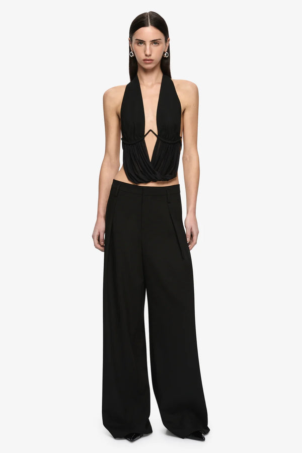 Henley Drape Top Black by Bec + Bridge – backless structured top with under bust wire and mesh draped detail.