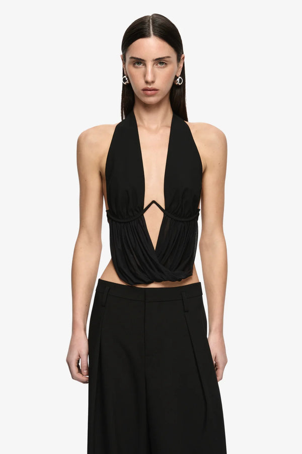 Henley Drape Top Black by Bec + Bridge – backless structured top with under bust wire and mesh draped detail.